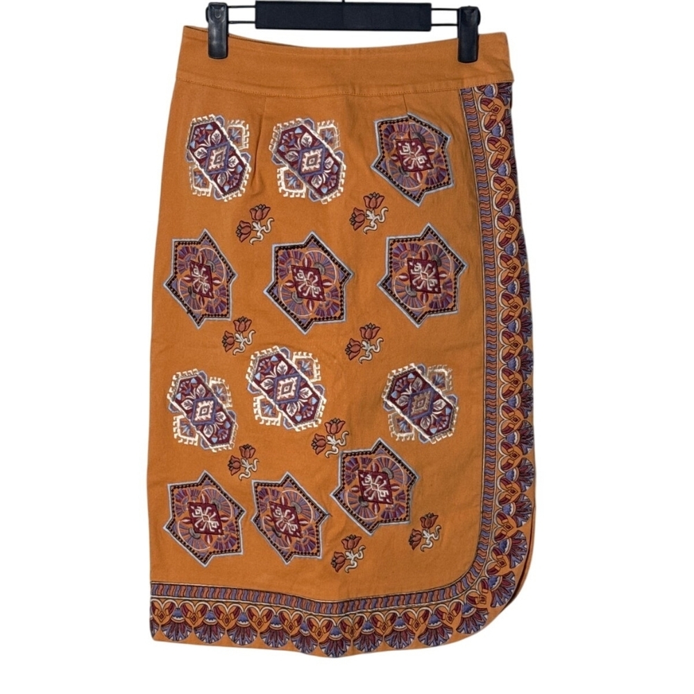 Anthropologie Orange Embroidered Pencil Skirt